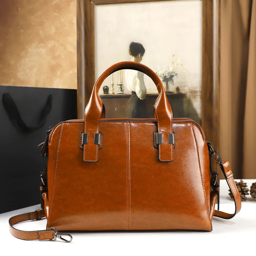 Oil-Wax Leather Boston Bag, Vintage Top-Handle Satchel - product photo 1