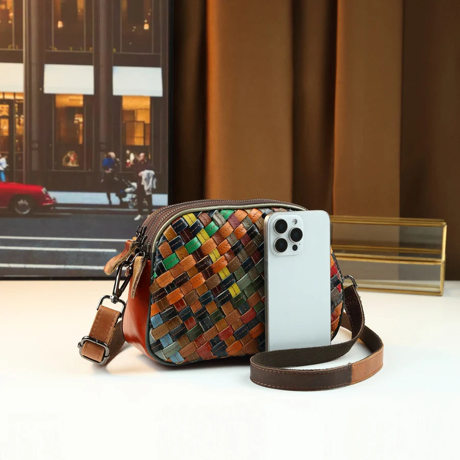 Woven Genuine Leather Crossbody Bag, Compact Messenger - product photo 3