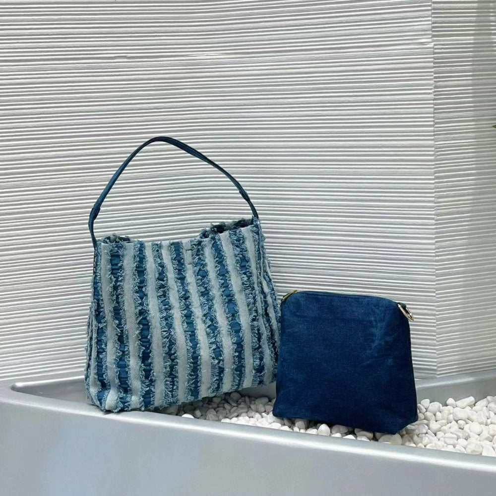 Striped Denim Tote Bag, Casual Shoulder Bag - product photo 4