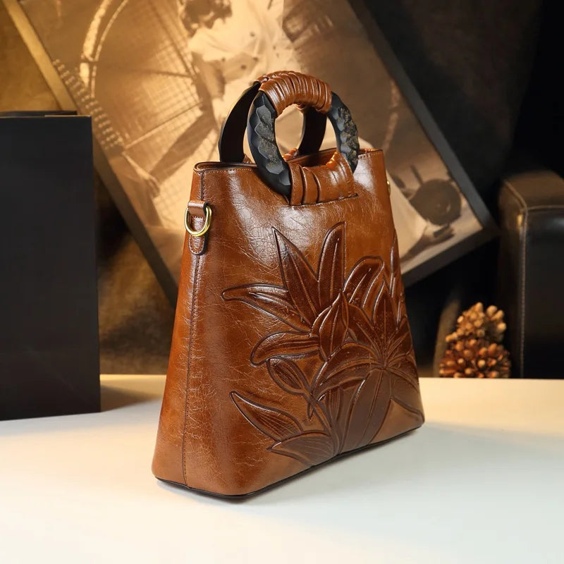 Lily-Embossed Bucket Bag with Round Wood Handle - product photo 3
