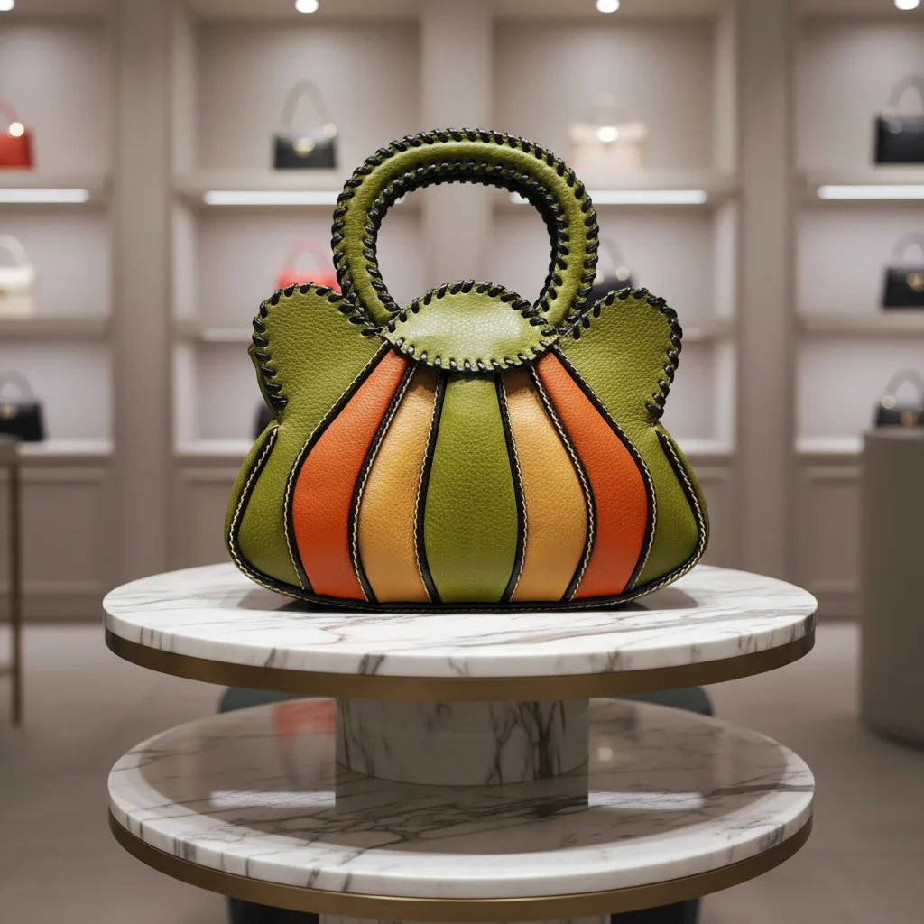 Fan-Shaped Patchwork Handbag with Braided Handle - product photo 4