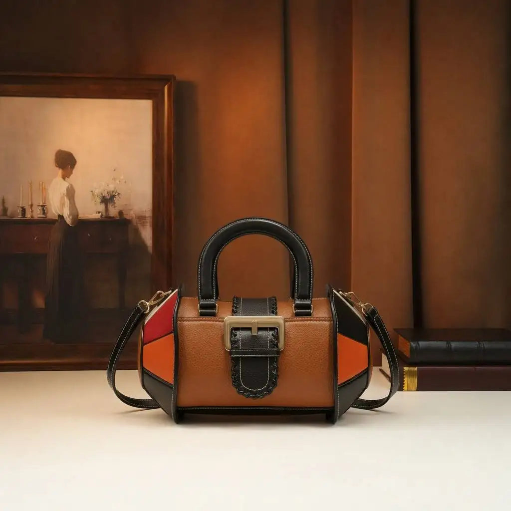 Leather Patchwork Boston Bag, Contrast-Colour PU Satchel - product photo 3