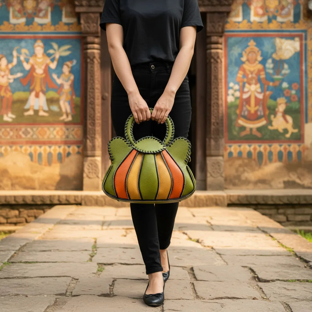 Fan-Shaped Patchwork Handbag with Braided Handle - product photo 2