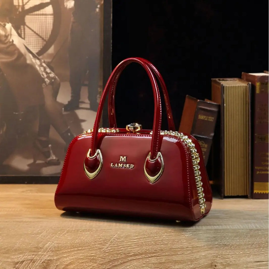 Glossy Patent-Look Shoulder Bag with Diamond Inlay - product photo 2