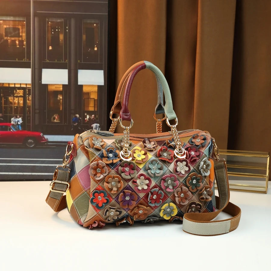 Genuine Leather Pillow Bag with Flower Patchwork - product photo 1