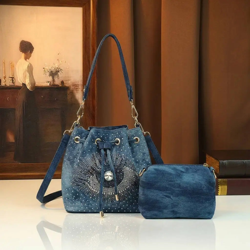 Evil-Eye Rhinestone Bucket Bag, 2-Piece Denim-Look Set - product photo 1