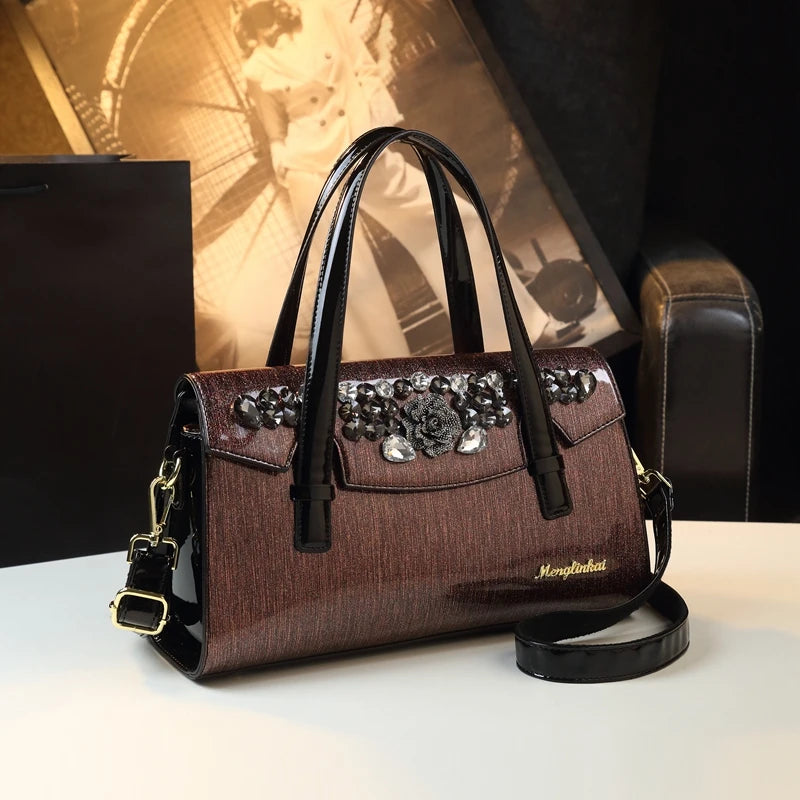 Rose-Gold Patchwork Shoulder Bag, Vintage Panel Tote - product photo 3