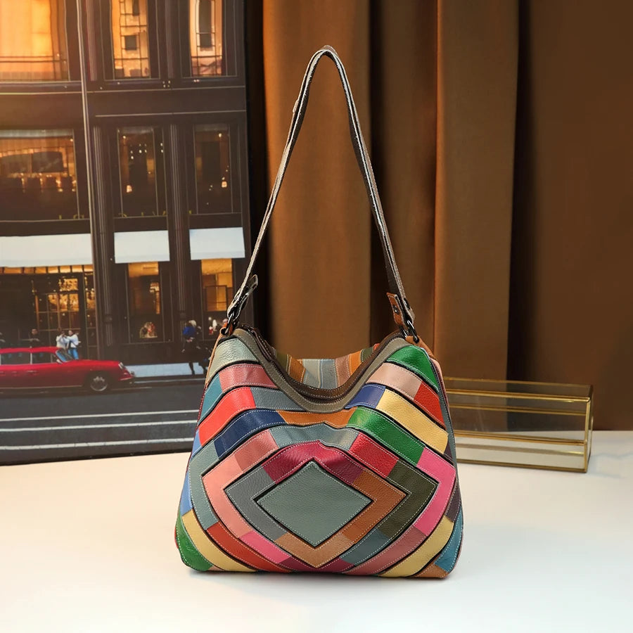 Geometric Patchwork Genuine Leather Square Bag - product photo 1