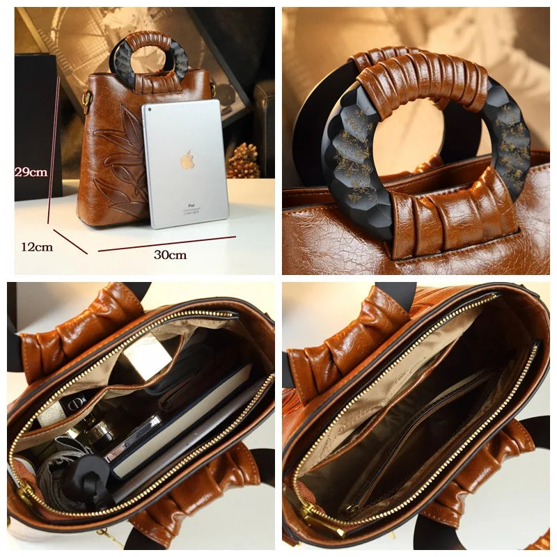 Lily-Embossed Bucket Bag with Round Wood Handle - product photo 5