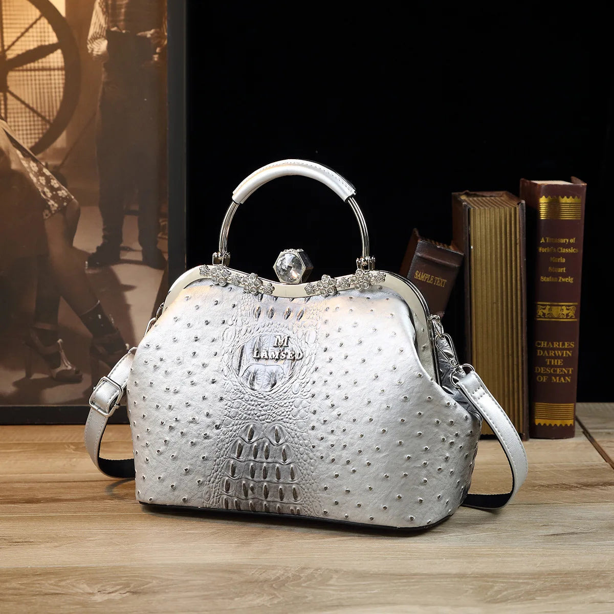 Lacquered Alligator-Pattern Bag with Diamonds - product photo 2
