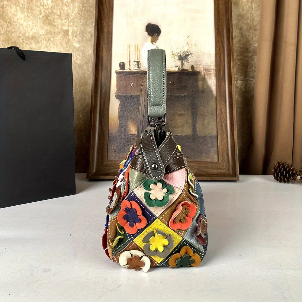 Genuine Cowhide Button Bag with Floral Motif - product photo 5