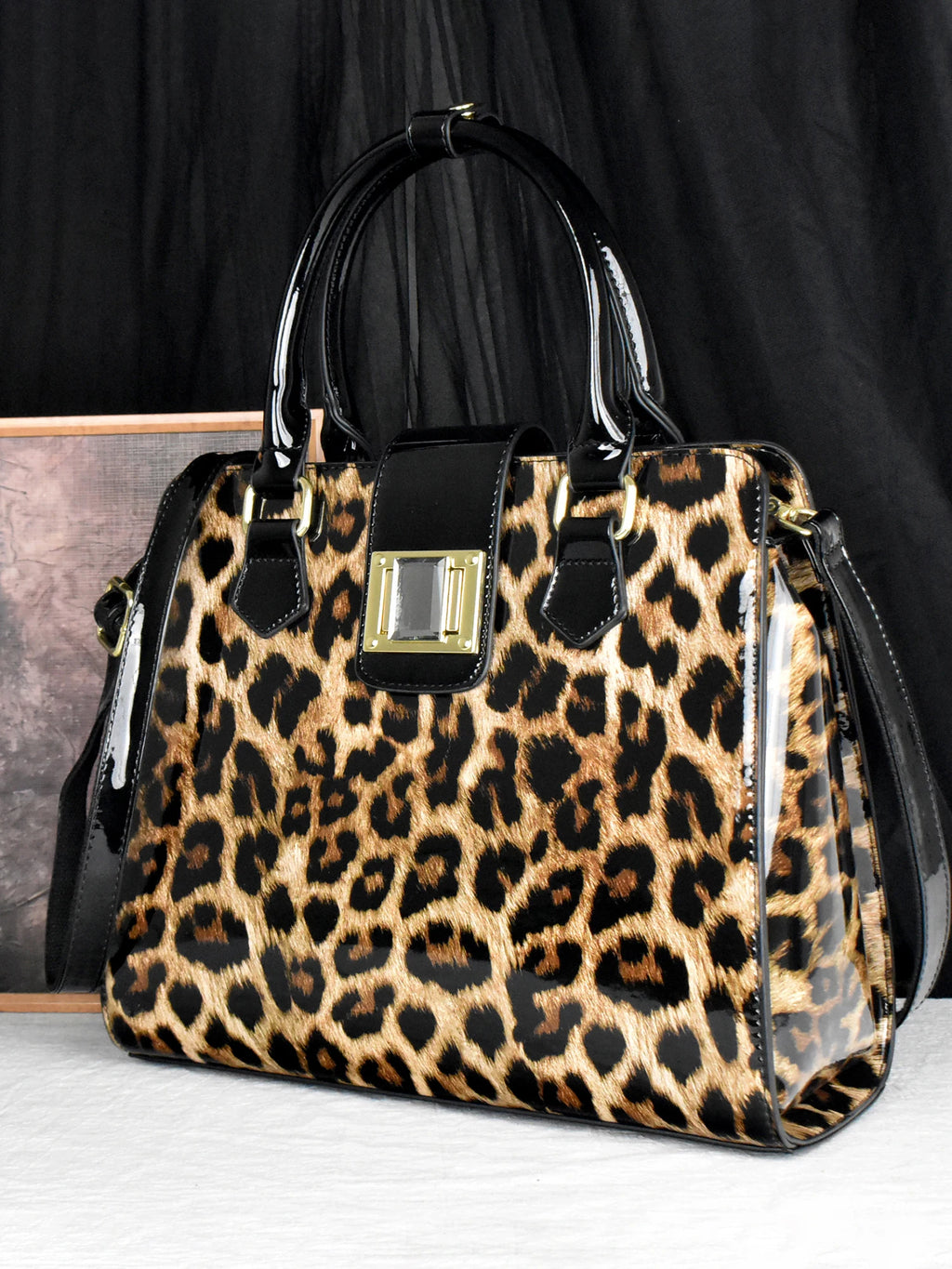 Leopard Patent Leather Tote, Square-Lock Shoulder Bag - product photo 5