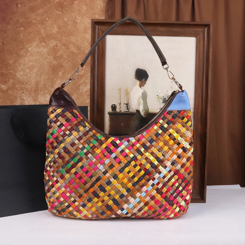 Hand-Woven Colourful Leather Tote, Artisan Shoulder Bag - product photo 5