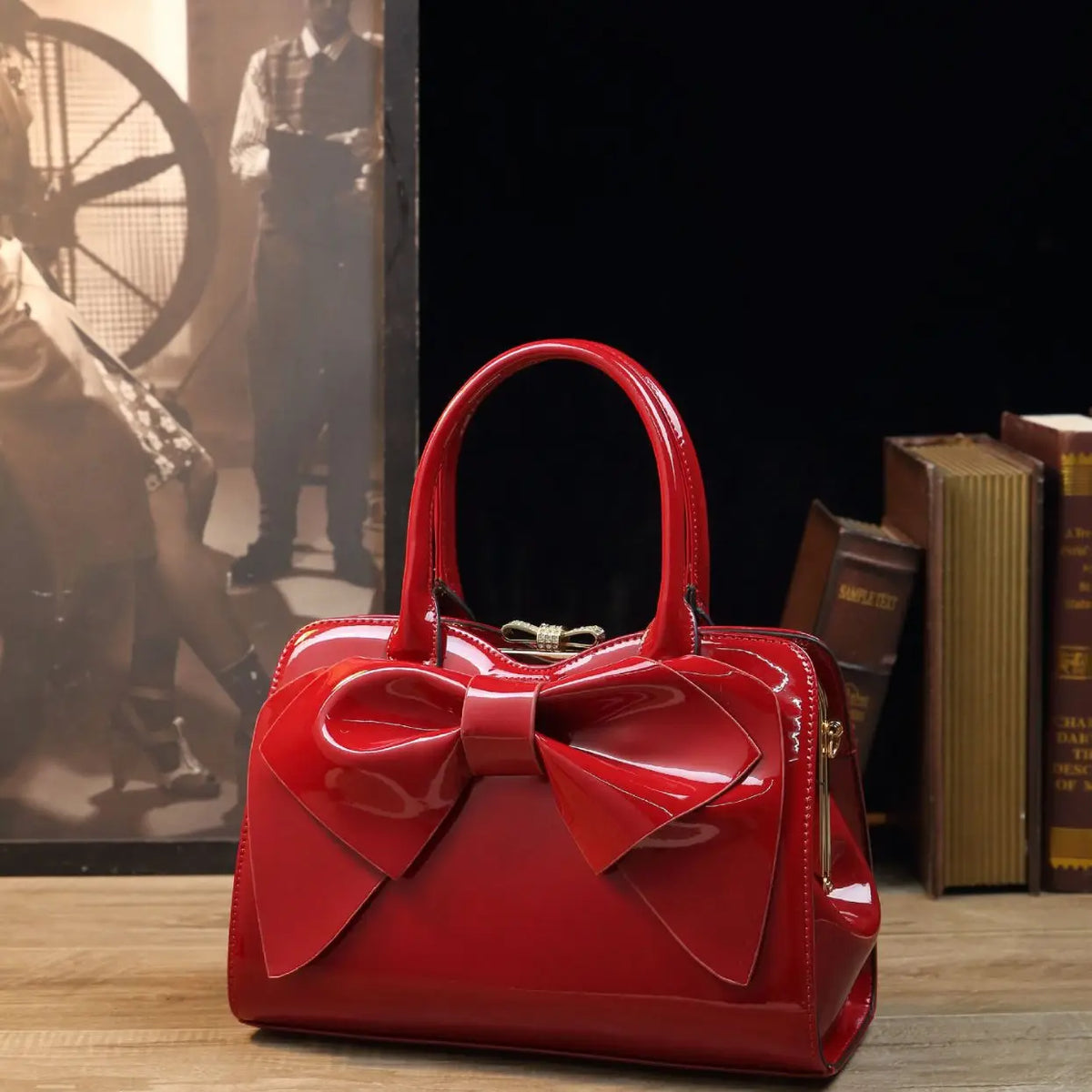 Bow Patent-Leather Handbag, Retro PU Shoulder Bag - product photo 3