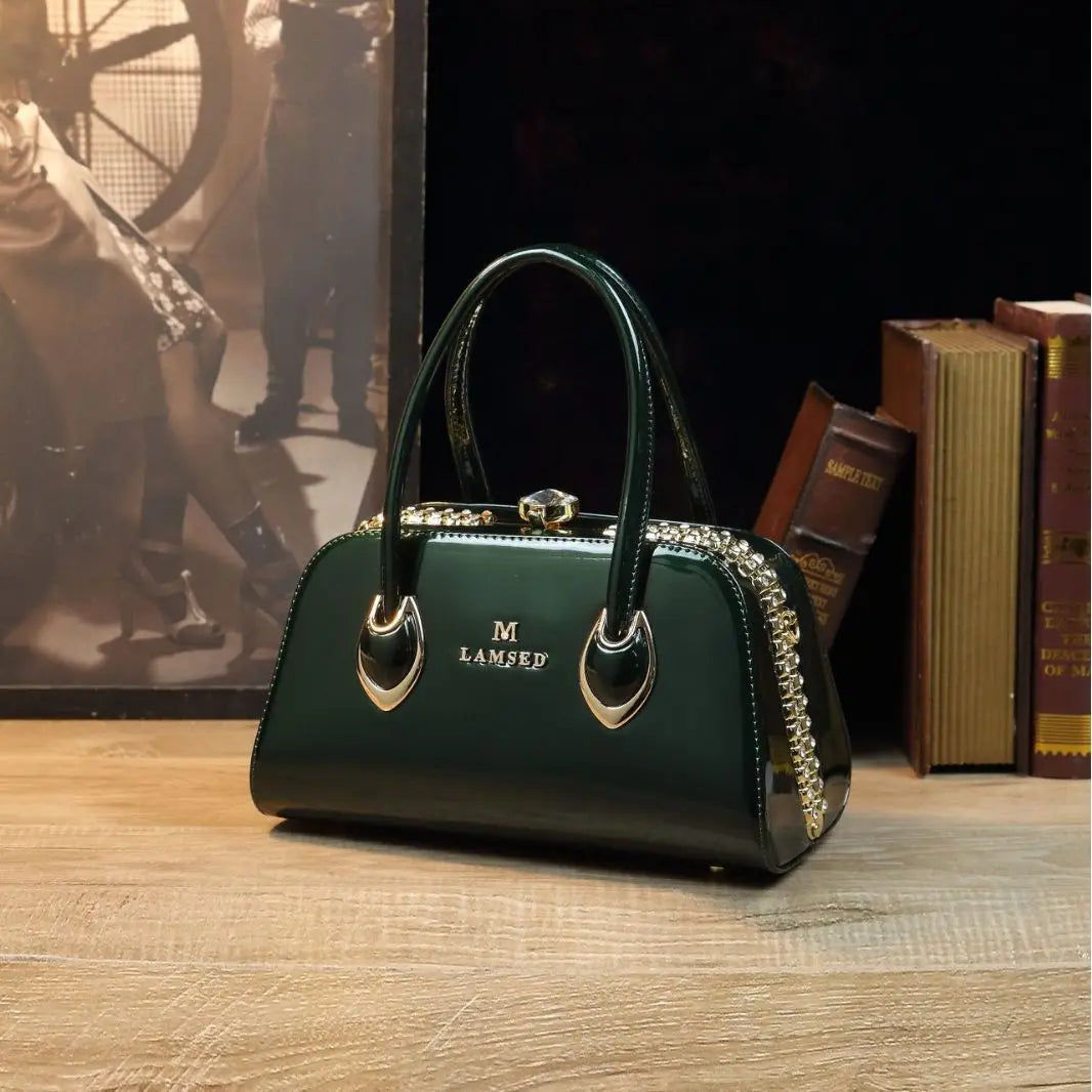 Glossy Patent-Look Shoulder Bag with Diamond Inlay - product photo 3