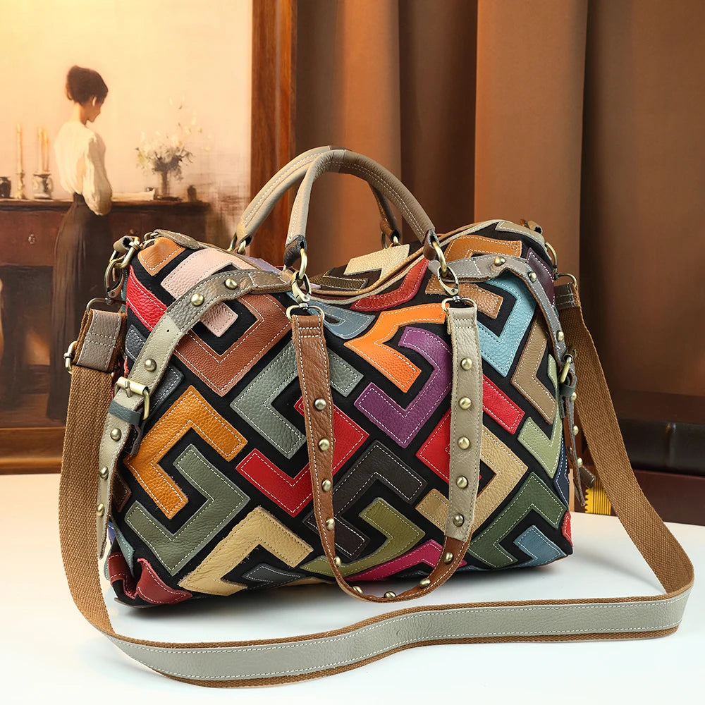 Colour-Block Cowhide Tote, Genuine Leather Handbag - product photo 4