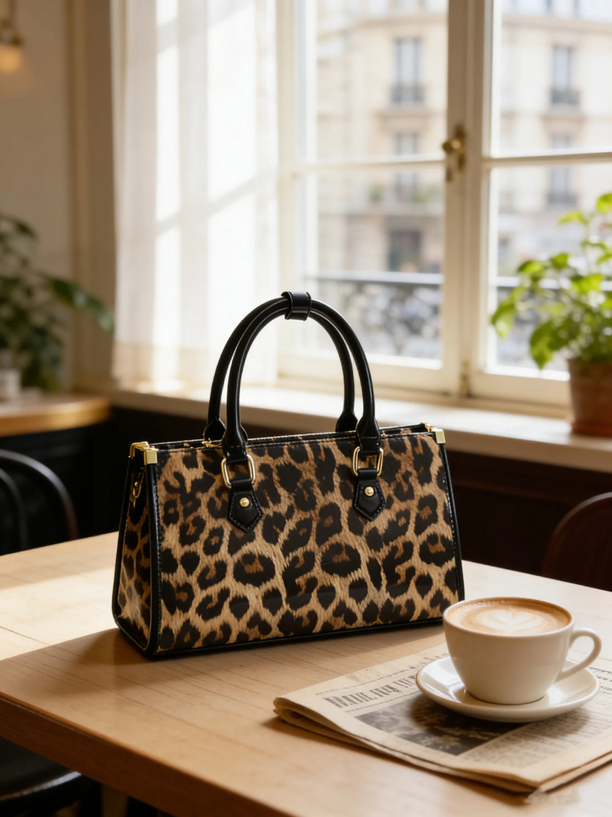 Leopard Tote with Patent Trim, Top-Handle Satchel - product photo 3