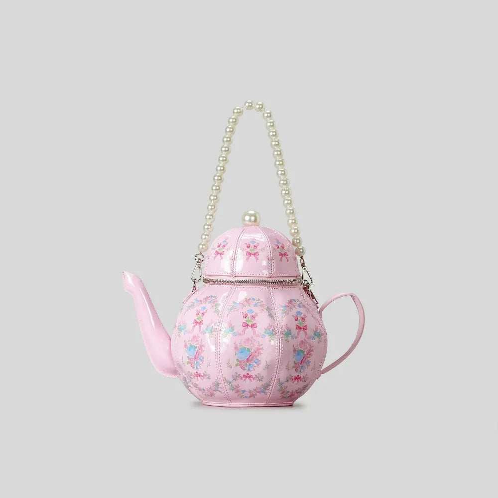 Teapot-Shaped Printed Purse, Pearl Chain Crossbody Bag - product photo 2