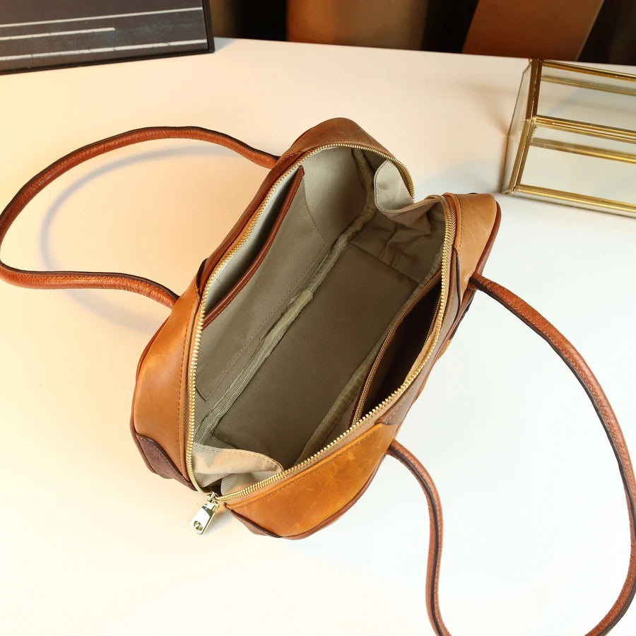 Colour-Block Genuine Leather Satchel, Earth-Tone Bag - product photo 6