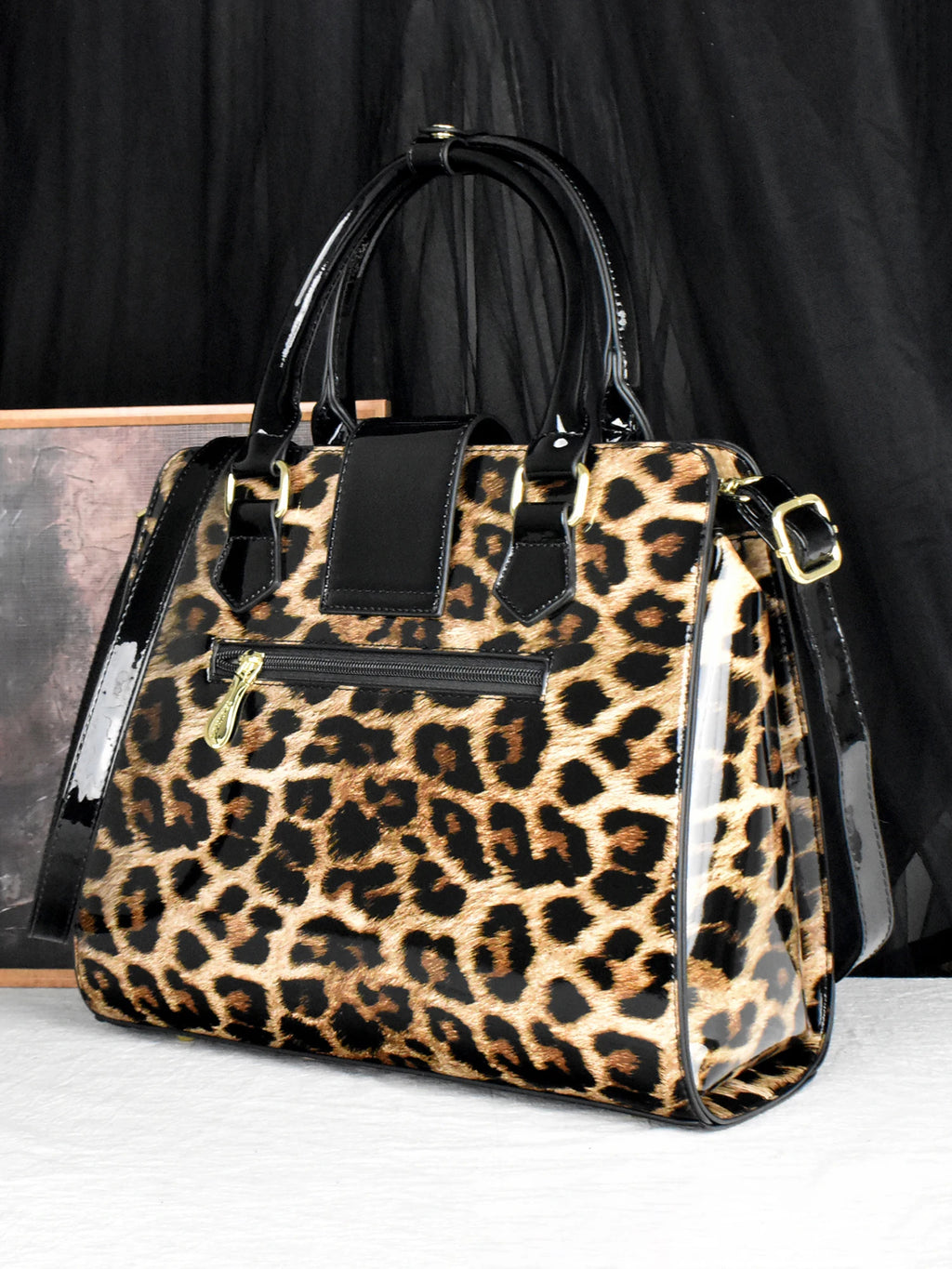 Leopard Patent Leather Tote, Square-Lock Shoulder Bag - product photo 3
