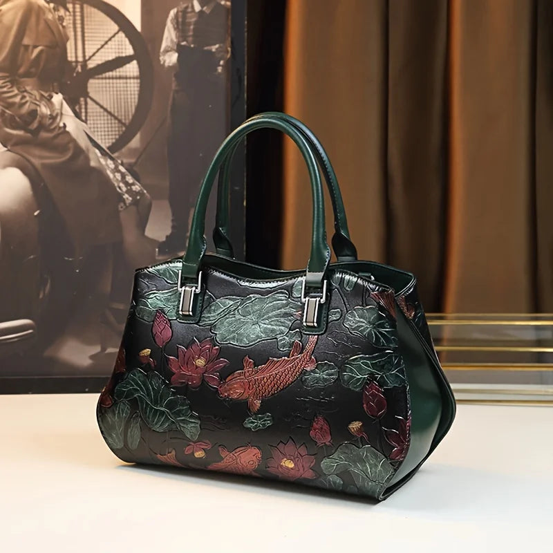 Landscape Print Top-Handle Satchel, PU Handbag - product photo 4