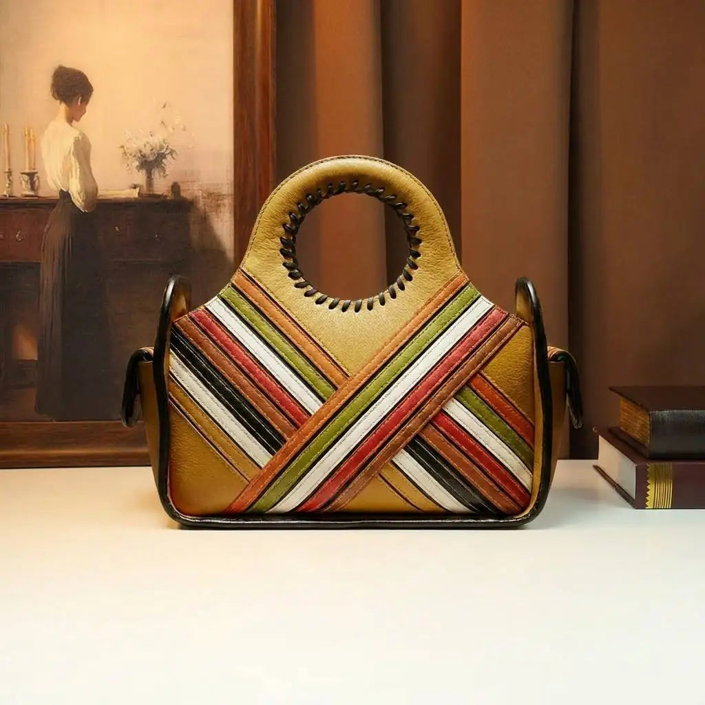 Striped Patchwork Satchel with Circular Top Handle - product photo 3
