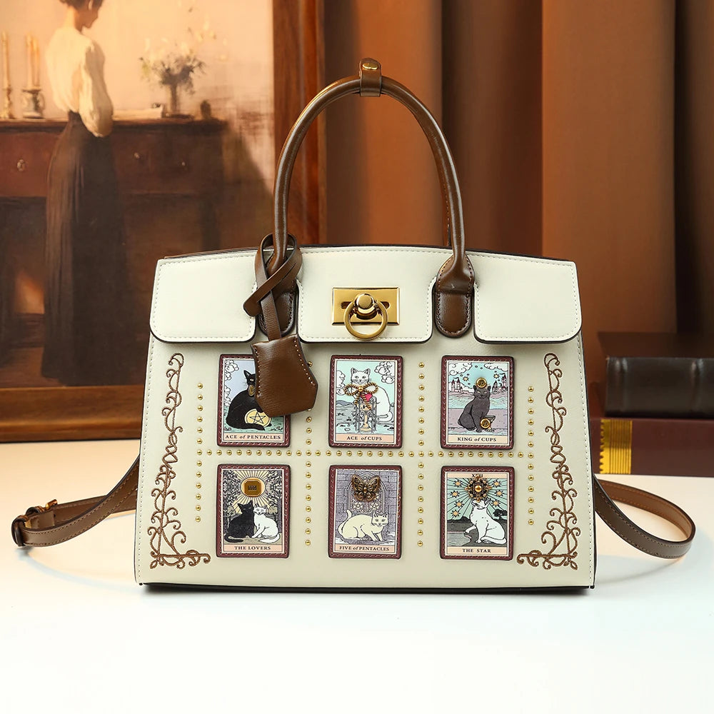 Tarot Cat-Print Boston Bag, Artistic Shoulder Bag - product photo 3