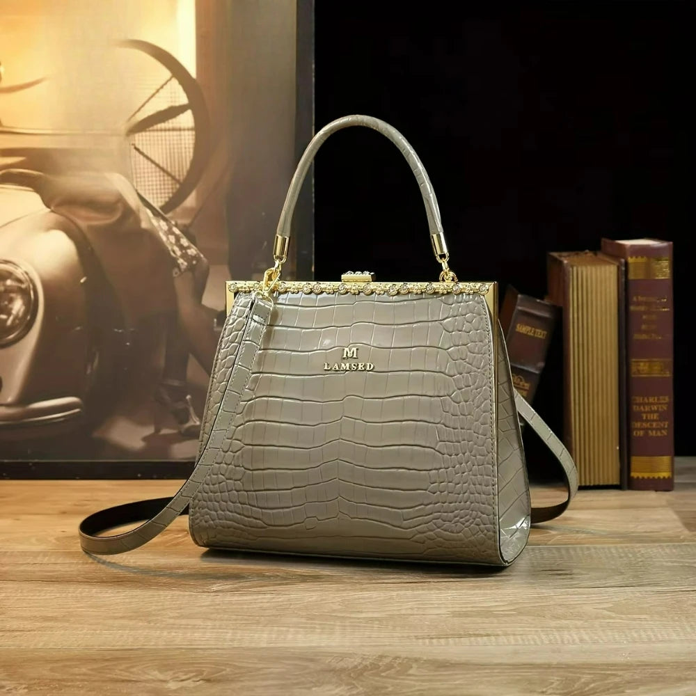 Croc-Pattern Tote with Stone Detail, Casual Shoulder Bag - product photo 4