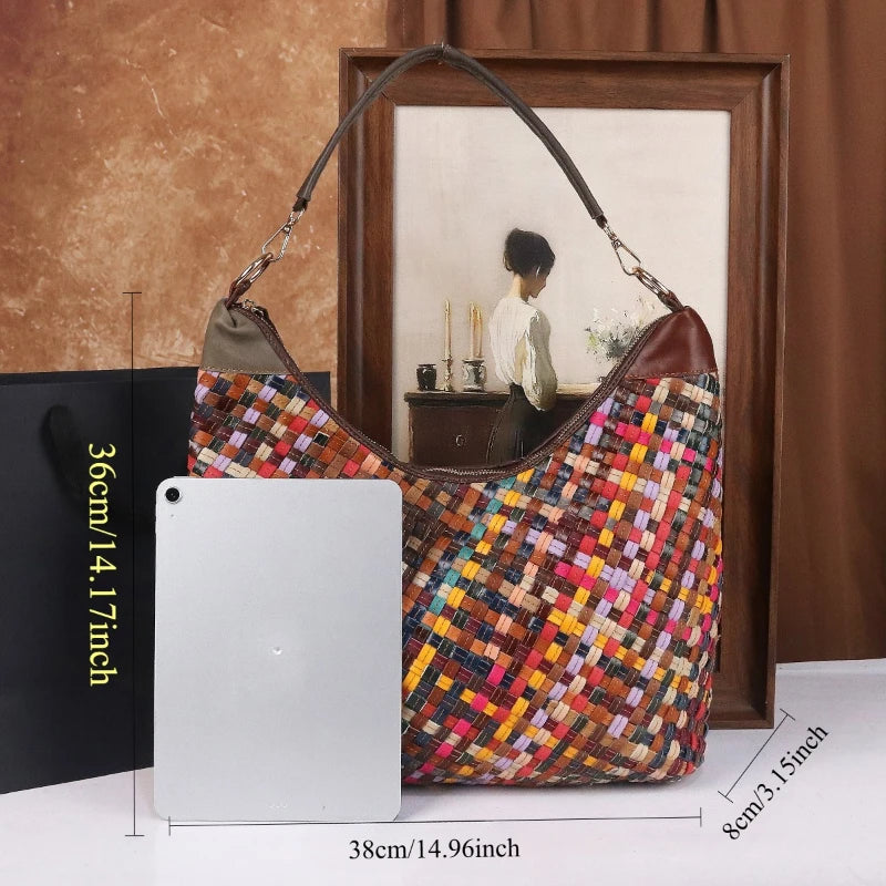 Hand-Woven Colourful Leather Tote, Artisan Shoulder Bag - product photo 3