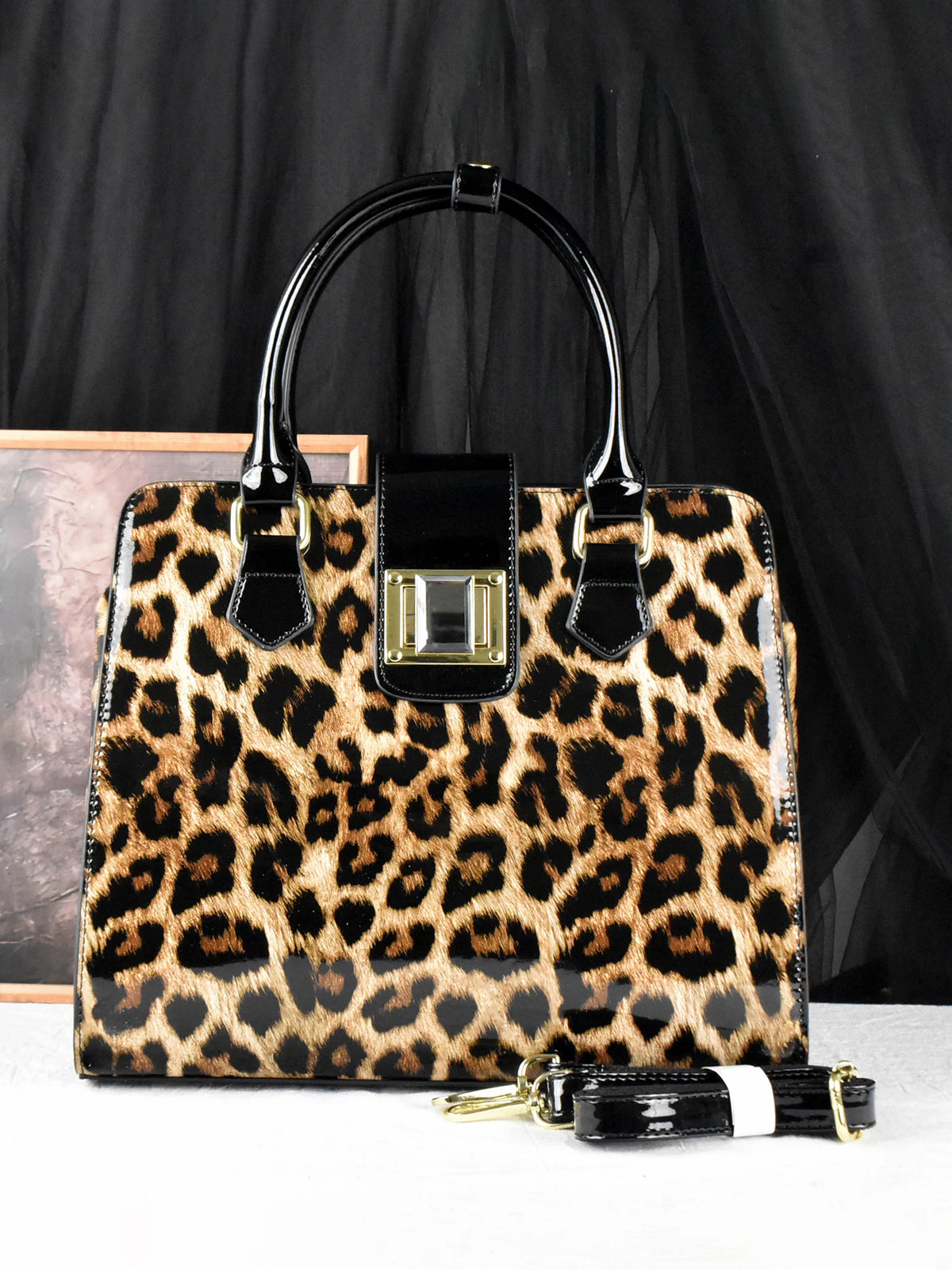 Leopard Patent Leather Tote, Square-Lock Shoulder Bag - product photo 2