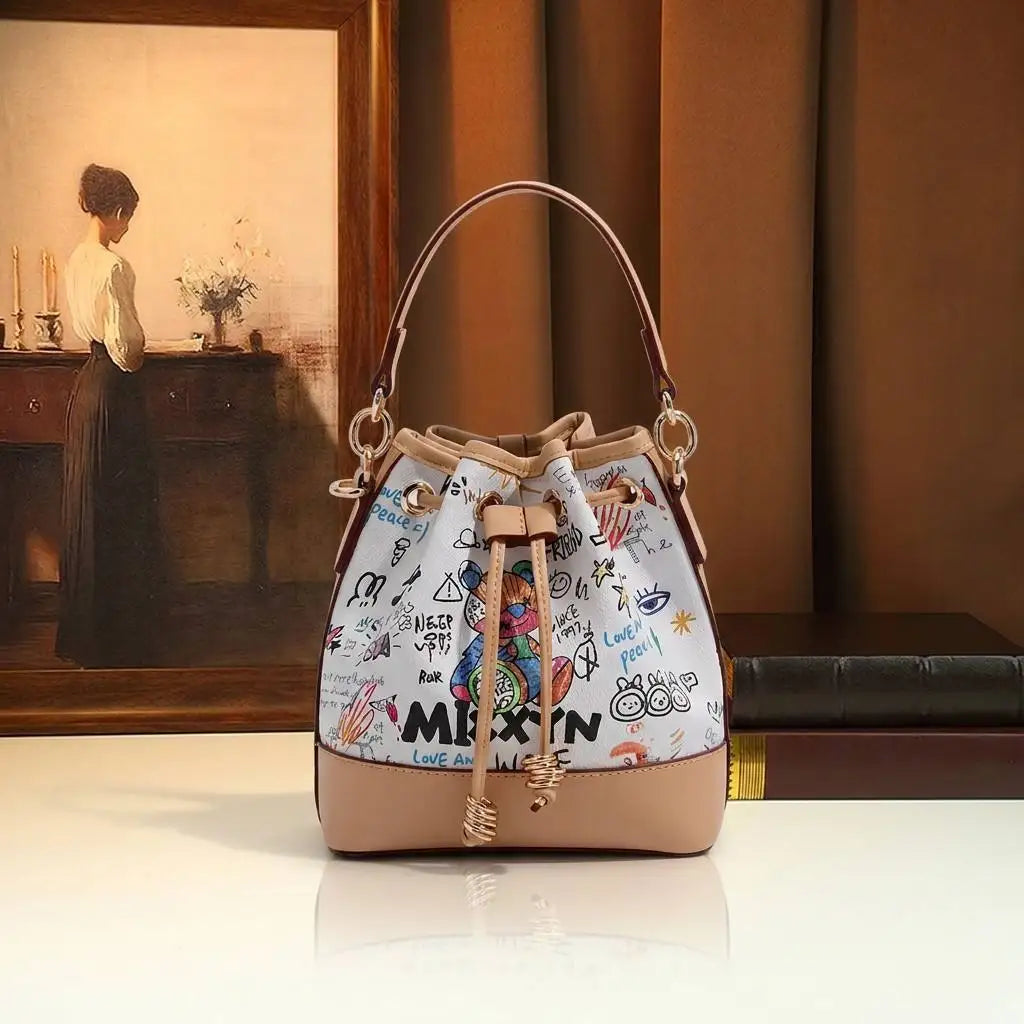 Graffiti Bucket Bag, Cartoon-Print Drawstring Bag - product photo 1