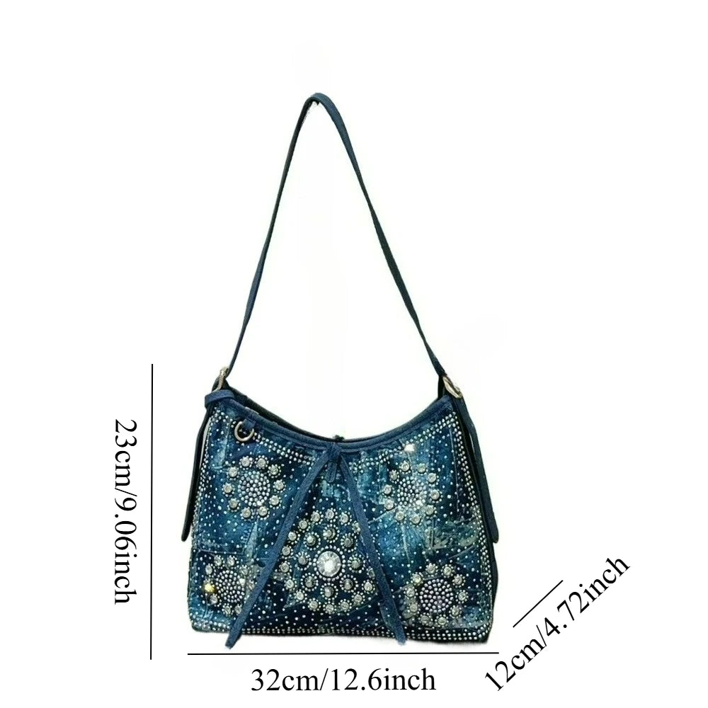 Denim Underarm Bag, Rivet & Diamond Shoulder Bag - product photo 3