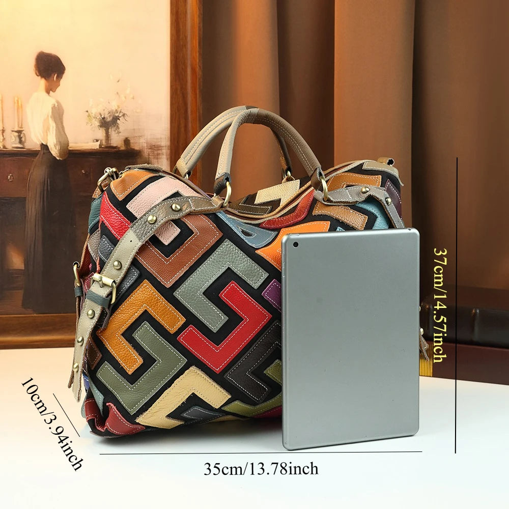 Colour-Block Cowhide Tote, Genuine Leather Handbag - product photo 2