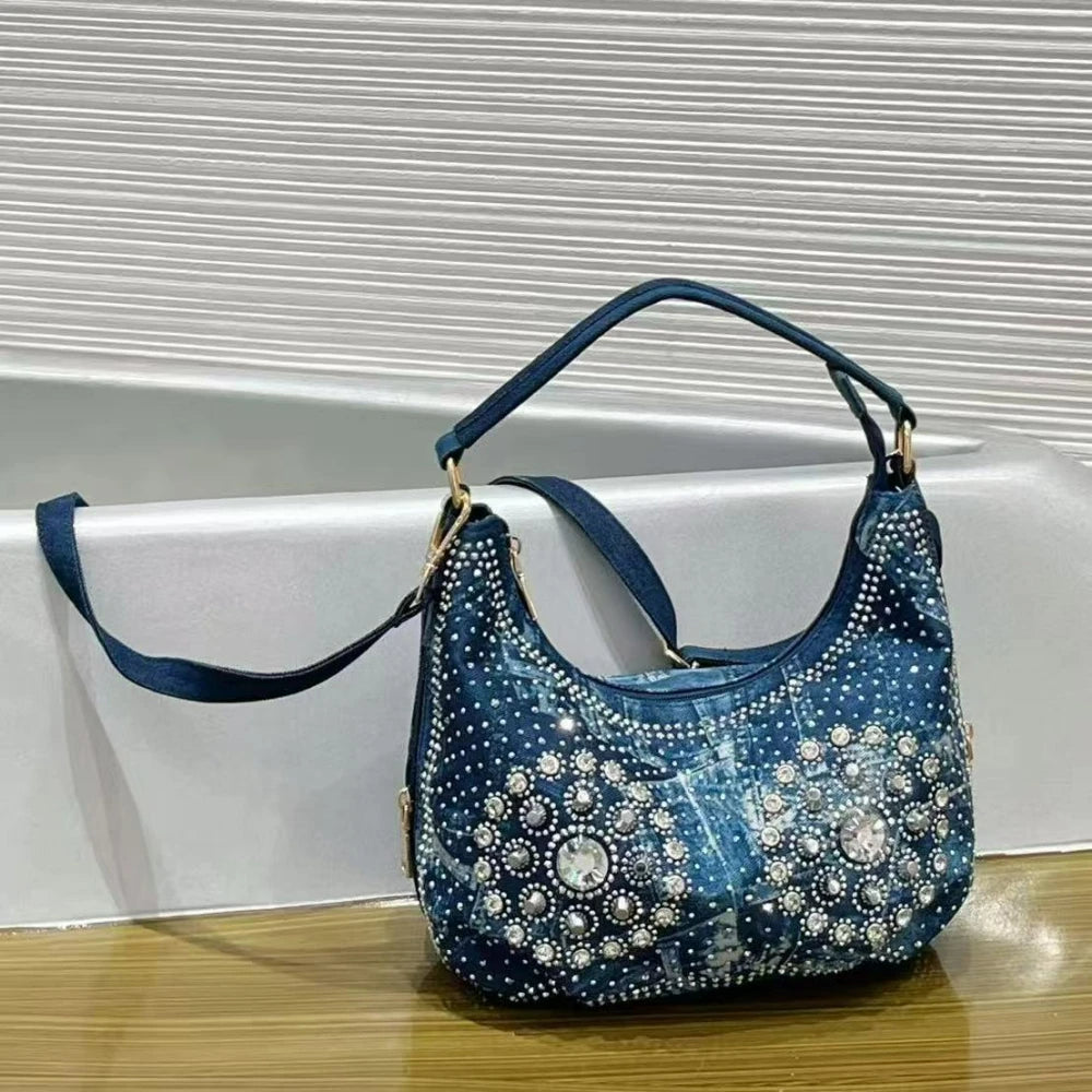 Washed Denim Handbag with Rhinestone Detail - product photo 4
