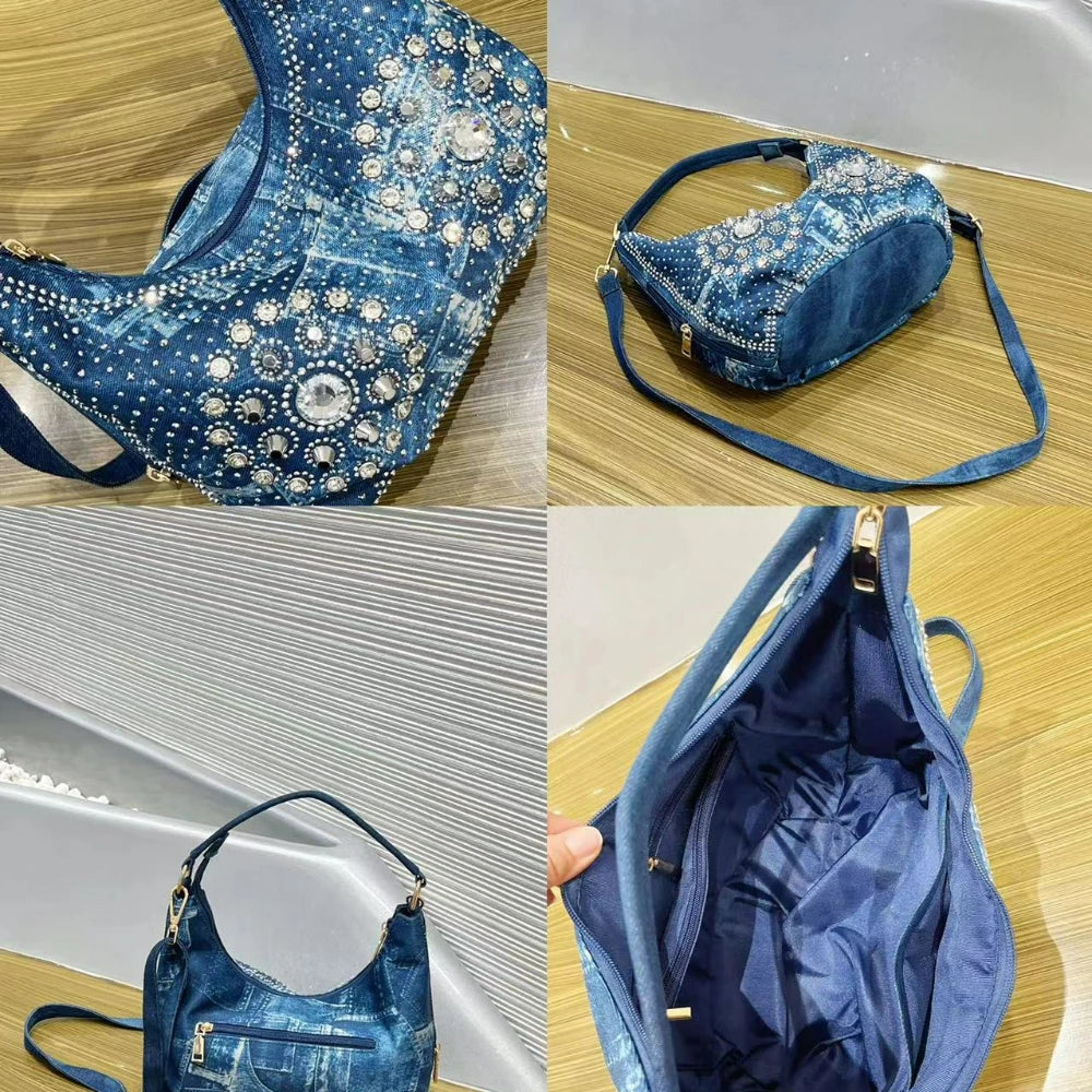 Washed Denim Handbag with Rhinestone Detail - product photo 5