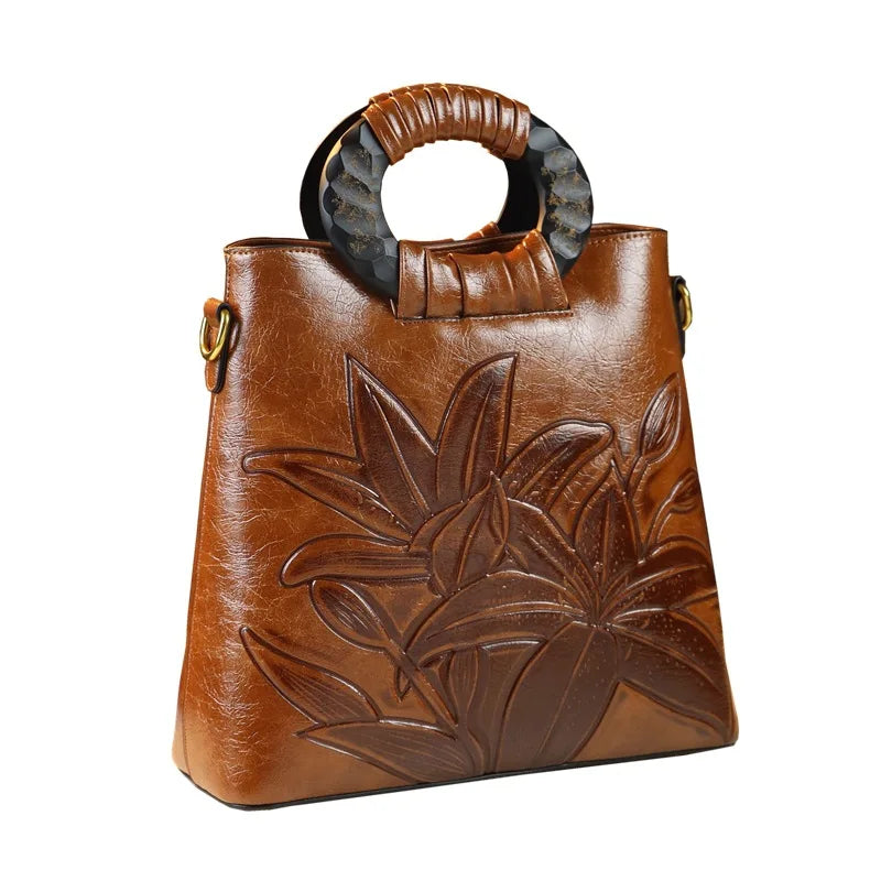 Lily-Embossed Bucket Bag with Round Wood Handle - product photo 4