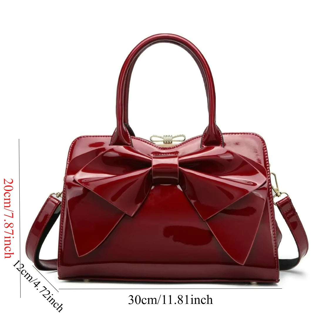 Bow Patent-Leather Handbag, Retro PU Shoulder Bag - product photo 5