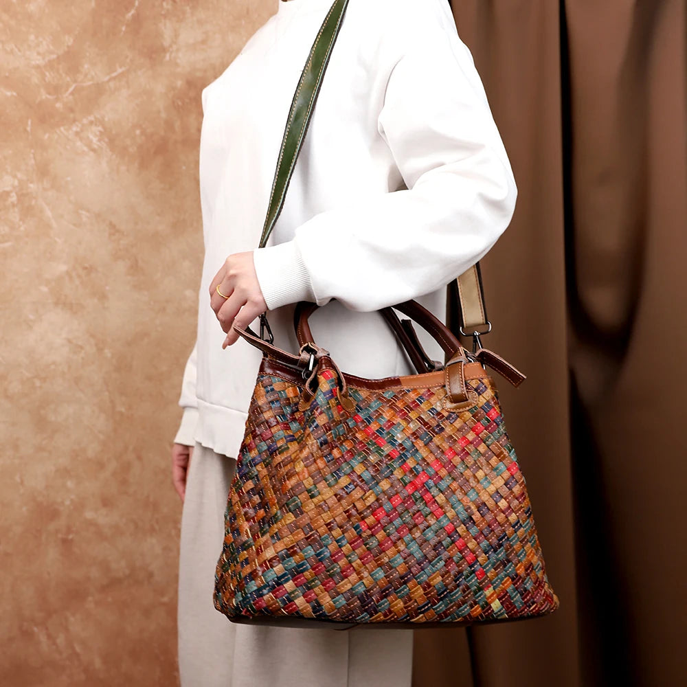 Woven Retro Tote Bag, Large PU Shoulder Bag - product photo 4