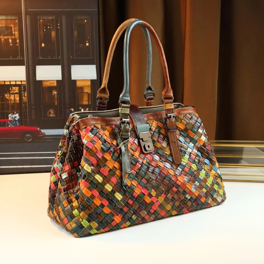Woven Colour-Block Bucket Bag, Genuine Leather - product photo 1