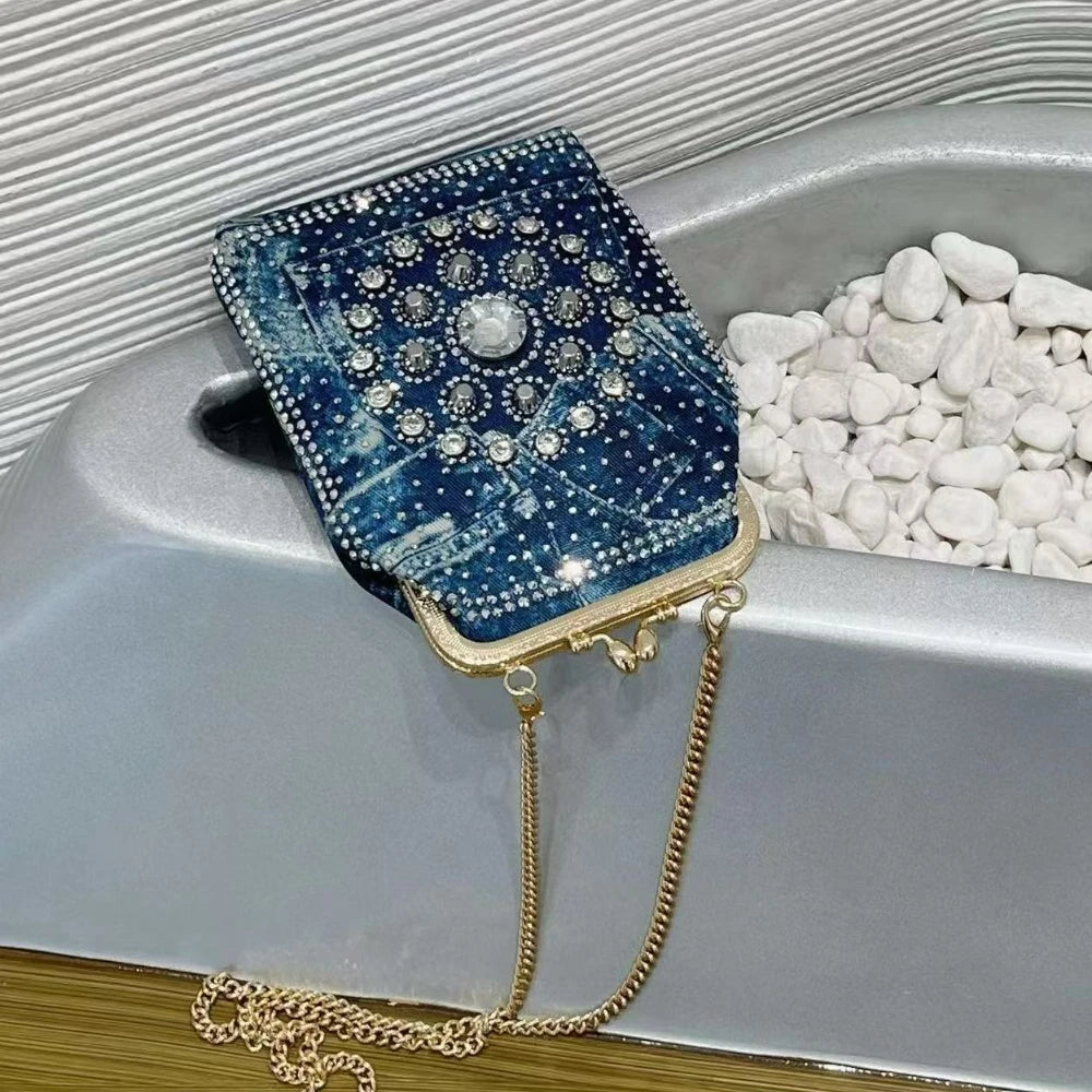 Diamond Denim Evening Bag with Chain - product photo 4