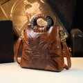 Lily-Embossed Bucket Bag with Round Wood Handle - product photo 1