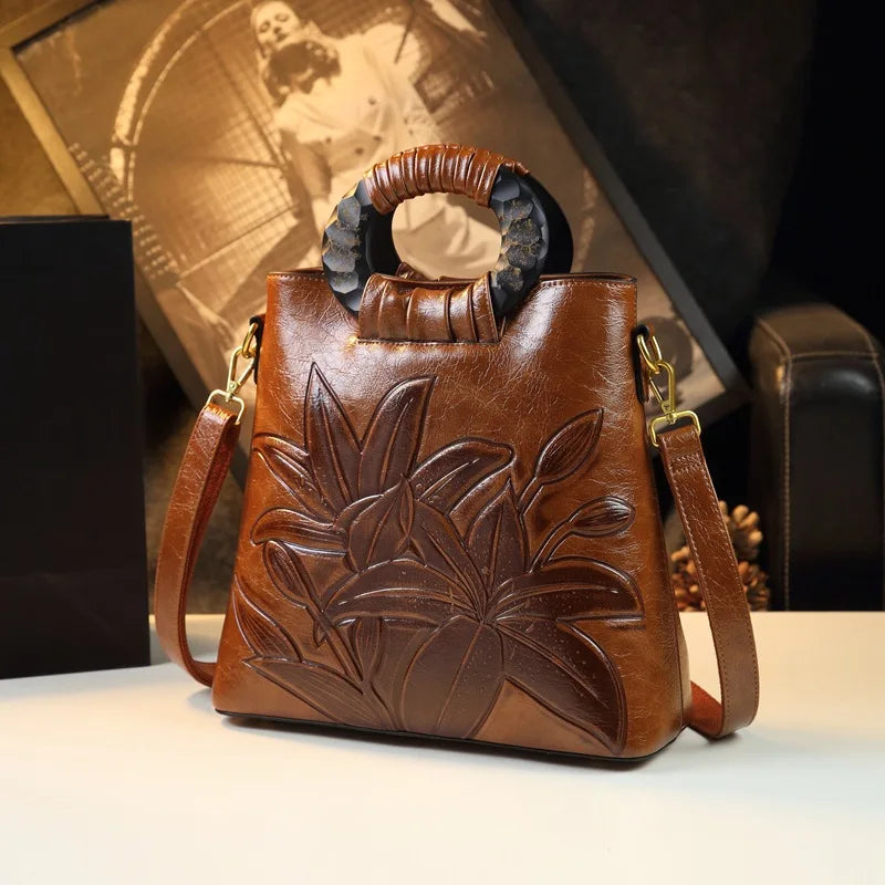 Lily-Embossed Bucket Bag with Round Wood Handle - product photo 1