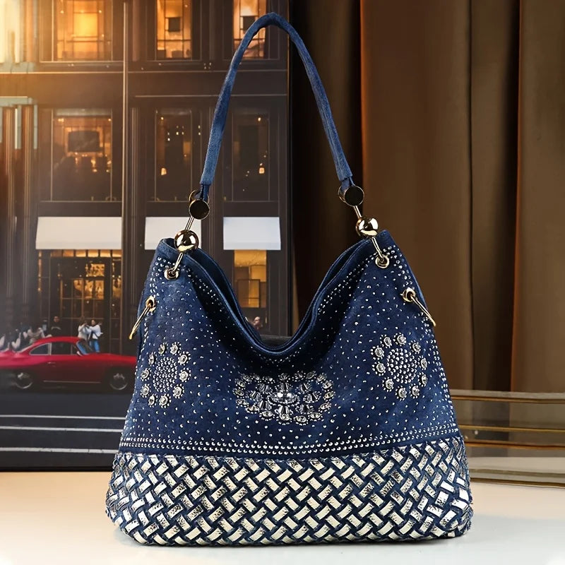 Bohemian Woven Denim-Style Tote, Rhinestone PU Bag - product photo 1