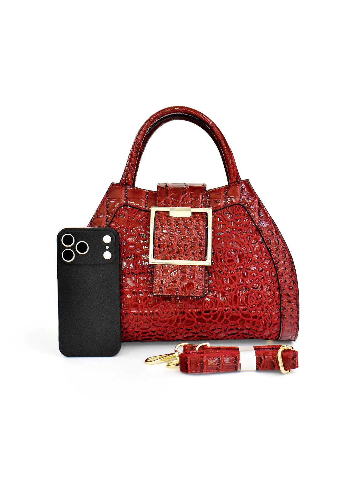 Croc-Embossed Rose Satchel with Gold-Buckle Handle - product photo 5