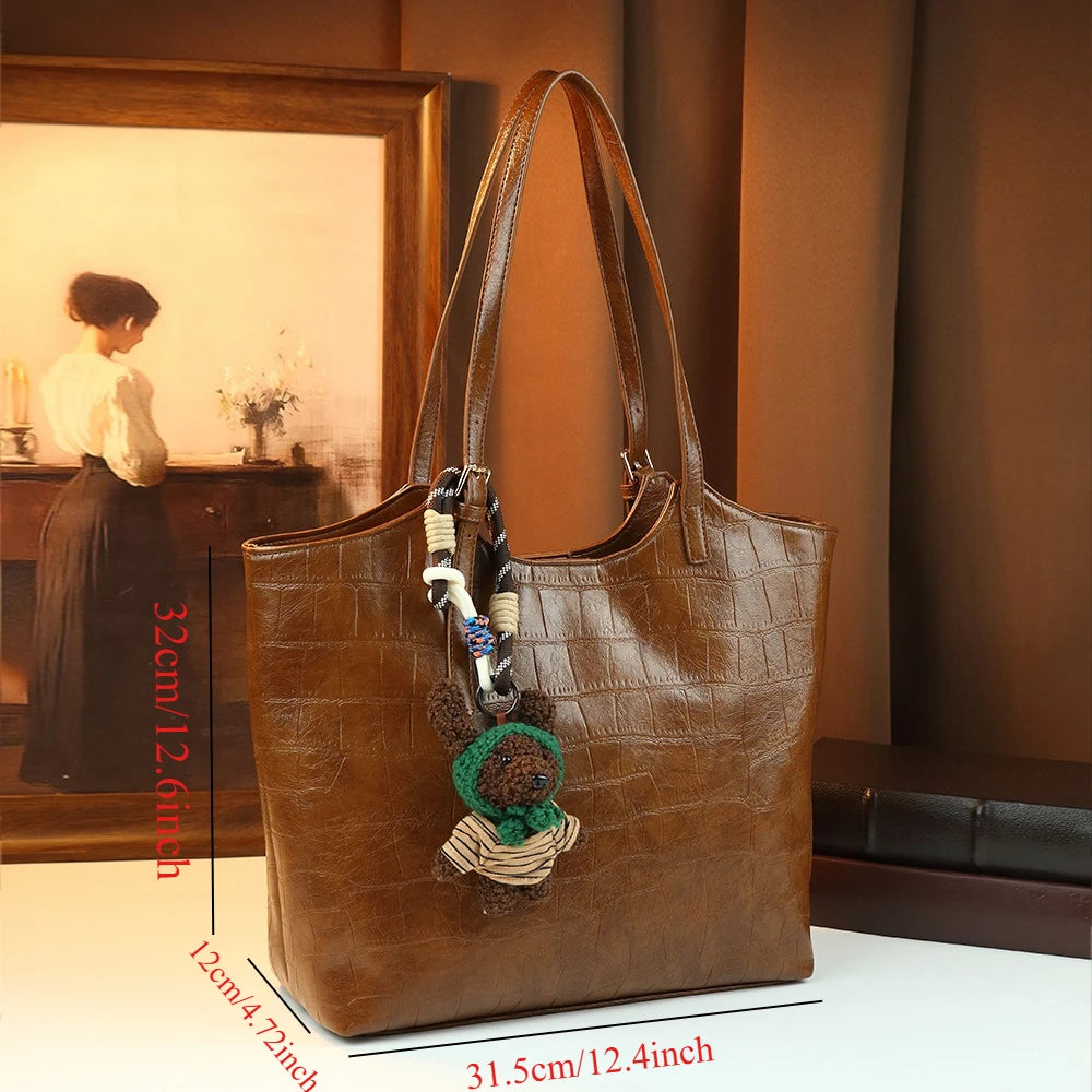 Croc Tote Bag with Bear Pendant, Large PU Shoulder Bag - product photo 3