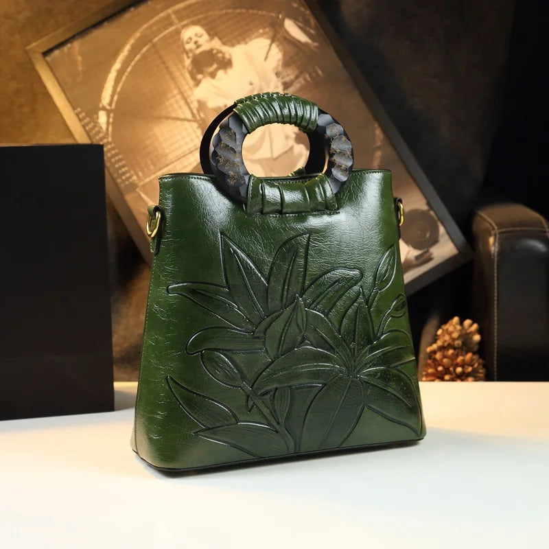 Lily-Embossed Bucket Bag with Round Wood Handle - product photo 2