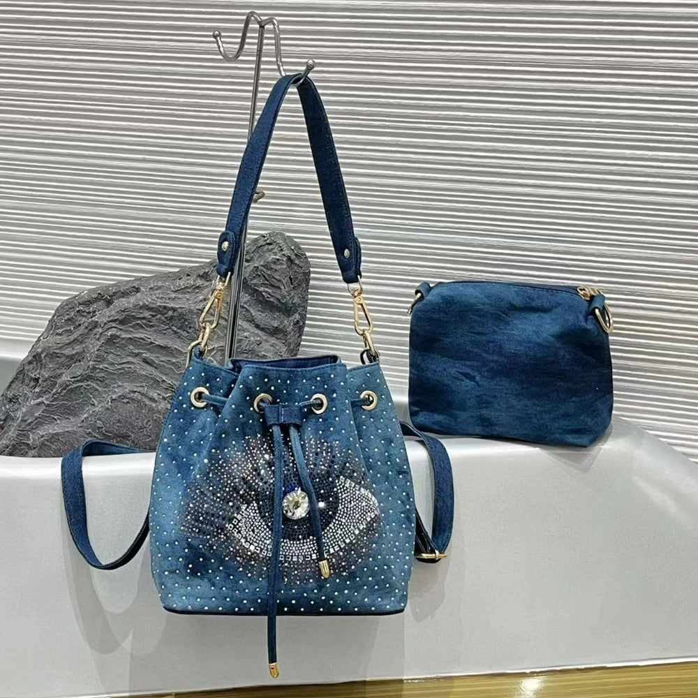 Evil-Eye Rhinestone Bucket Bag, 2-Piece Denim-Look Set - product photo 2