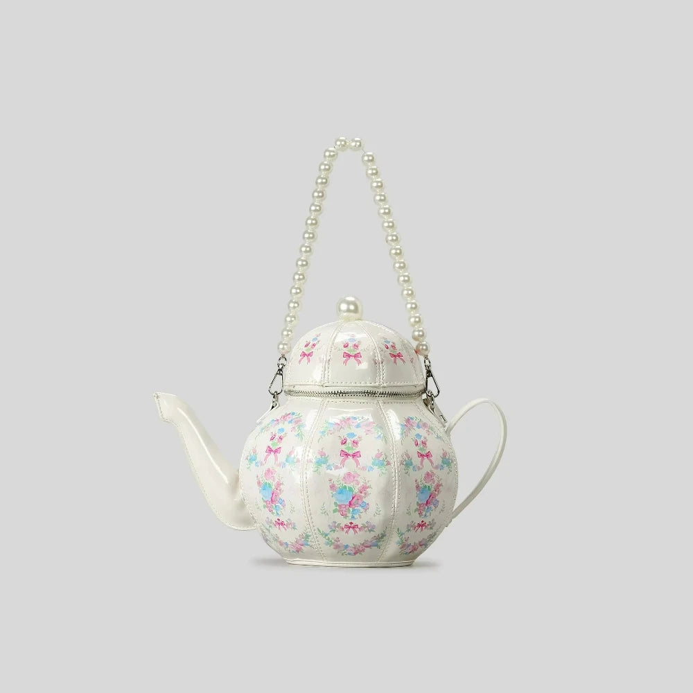 Teapot-Shaped Printed Purse, Pearl Chain Crossbody Bag - product photo 3