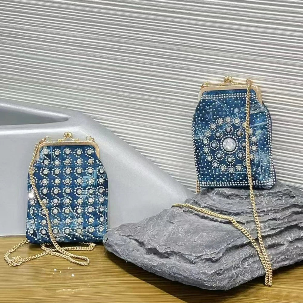 Diamond Denim Evening Bag with Chain - product photo 1