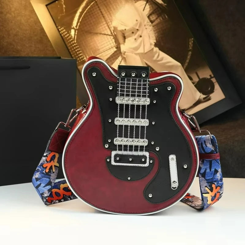 Guitar-Shaped Crossbody Bag, Vintage PU Punk Shoulder Bag - product photo 1